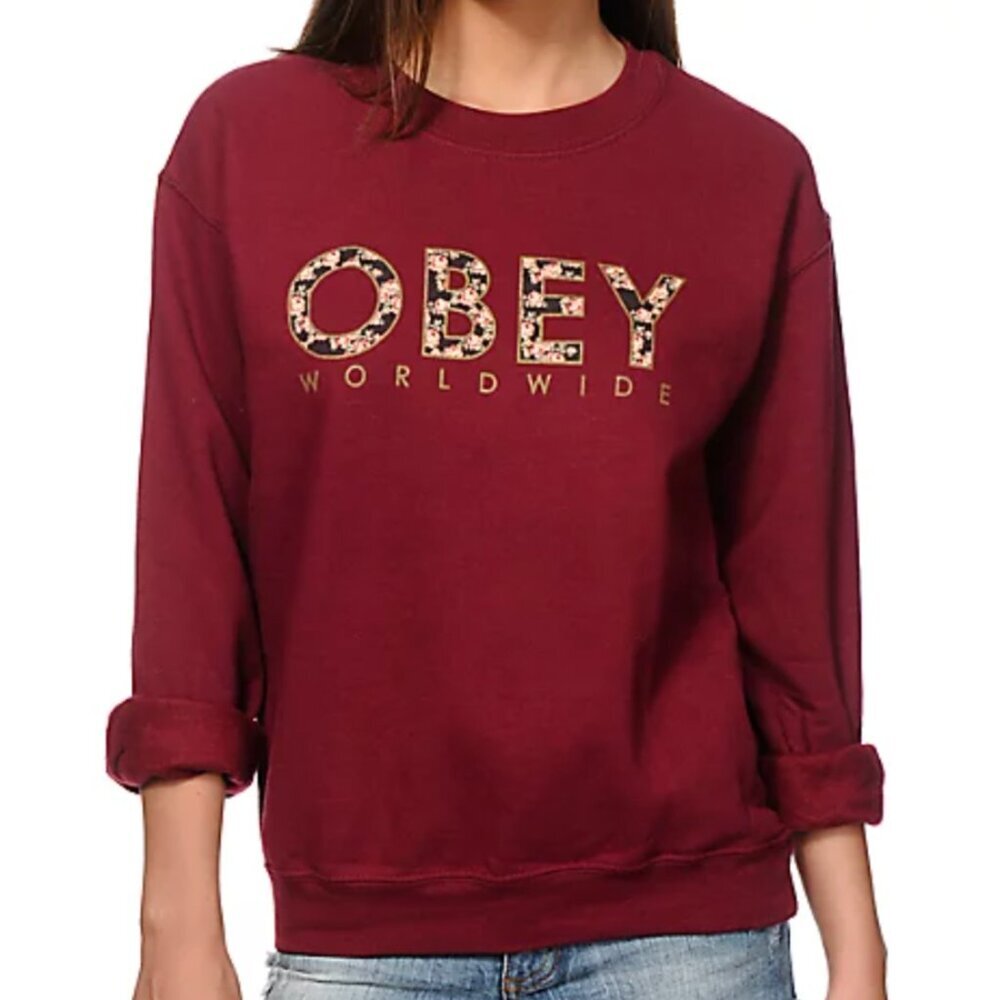 OBEY Mens Floral Worldwide Maroon Throwback Crewneck Sweatshirt Burgundy Red S